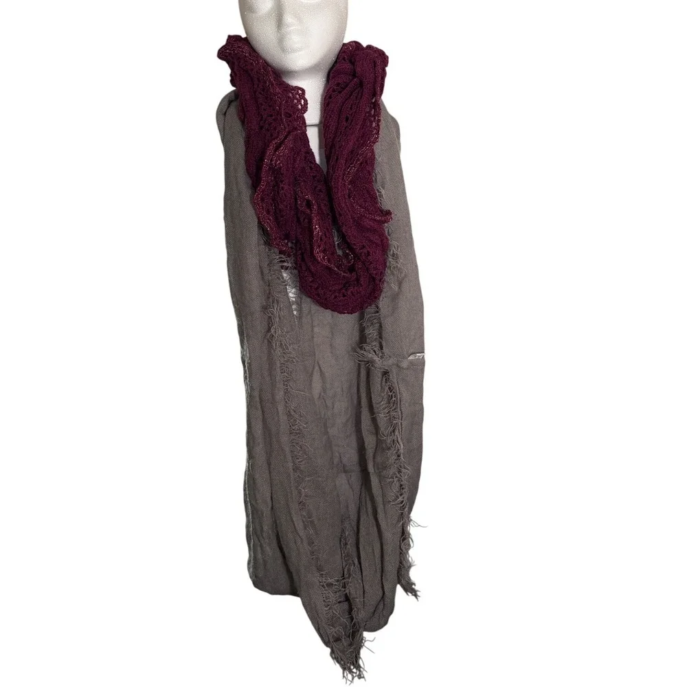 Grey and Burgundy Crochet Infinity Scarfs with Frayed Fringe and Shimmer 2scarfs
